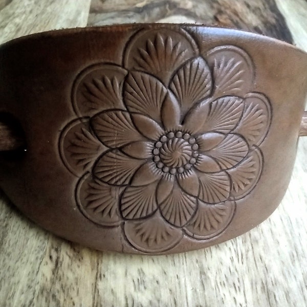 Hand Tooled Leather Hair Slide Barrette, Unique Design, Hand Dyed in a plain, but pretty, Brown