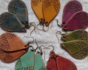 Hand Tooled Leather Earrings, Teardrop Shape, Floral Scroll Design, Distressed Finish, Antiqued - YOUR COLOR CHOICE!