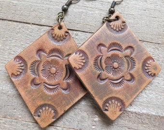 Hand Tooled Leather Earrings, Dyed in a Carmel color with just a hint of Olive Green, Rustic Finish
