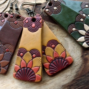 Hand Tooled Leather Earrings, Mandala Design, Hand Dyed and then Hand Painted in a Yellow Combo, Green Combo & Brown Combo, Antique Finish
