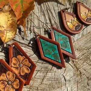 Handcrafted Tooled Leather Earrings, Various Colors and Designs - Your Choice!