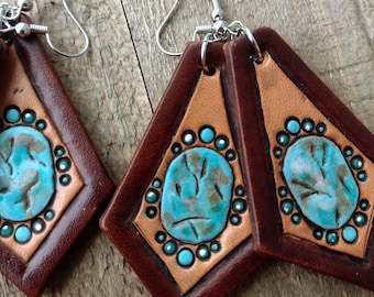 Hand Tooled Leather Western Earrings, Turquoise Design
