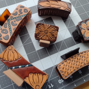 Hand Tooled Leather Claw Clips, Various Sizes, Colors & Designs - YOUR CHOICE