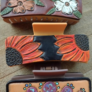 Hand Tooled Leather Claw Clips, Various Colors & Designs, Size L 4&quot; - YOUR CHOICE