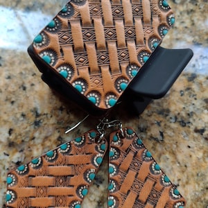 Hand Stamped Leather Claw Clip and Earring Set - Basketweave Pattern