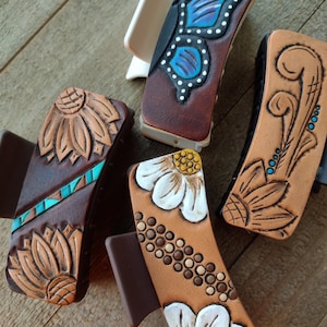Hand Tooled Leather Claw Clips, Various Colors & Designs, Size M 3.5&quot; - YOUR CHOICE
