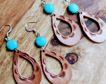 Tooled Leather Earrings with Faux Turquoise Stones, Western Earrings, Cowgirl Earrings, Natural Leather