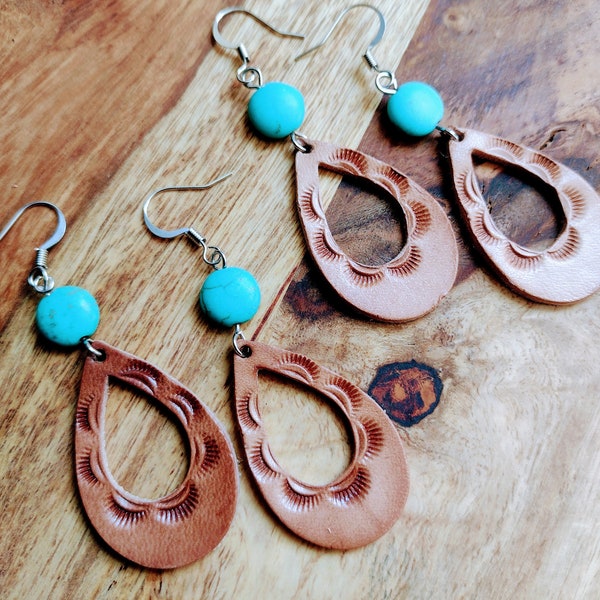 Tooled Leather Earrings with Faux Turquoise Stones, Western Earrings, Cowgirl Earrings, Natural Leather