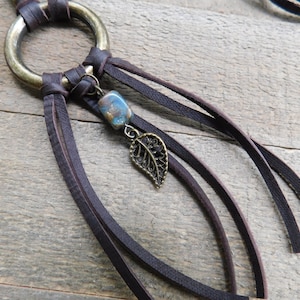 Chocolate Brown Buckskin Fringe Necklace with Brass Ring and Jasper Stone Bead and Leaf Pendant