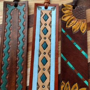 Hand Tooled Leather Bookmarks,  Hand Tool and Painted in Various Unique Designs & Colors - Copper and Turquoise, Blue Diamond and Sunflower!