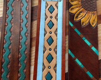 Hand Tooled Leather Bookmarks,  Hand Tool and Painted in Various Unique Designs & Colors - Copper and Turquoise, Blue Diamond and Sunflower!