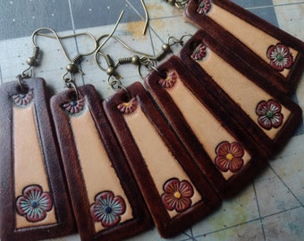 Hand Tooled Leather Earrings: Floral Design, Antique Brass
