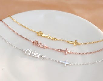 Dainty Cross Name Bracelet, Custom Name Jewelry, Minimalist Cross Bracelet, Christian Keepsake, Birthday Gift for Her, Christmas Gift