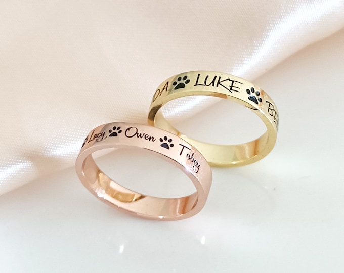 Personalized Paw Print Ring Pet Name Ring Custom Name Ring Etsy