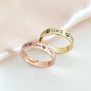Anillo personalizado con estampado de patas, anillo con nombre de mascota, anillo con nombre personalizado, anillo conmemorativo de mascotas, joyería personalizada para mascotas, anillo para mamá de perro