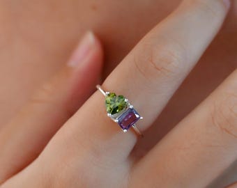 Custom Two Birthstone Ring, Heart Birthstone Ring, Family Birthstone Ring, Christmas Gifts for Her, Stacking Ring, Birthday Gift for Mom