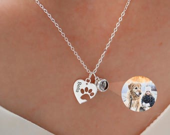 Custom Paw Name Photo Necklace with Heart, Photo Projection Necklace, Pet Name Necklace, Pet Memorial Gift, Pet Lover Gift, Christmas Gifts
