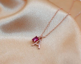Custom Initial Necklace, Personalized Birthstone Necklace, Letter Necklace with Birthstone, Gold Initial Pendant, Birthday Gift for Mom