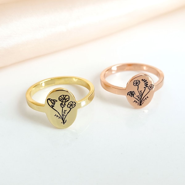 Bague de fleur de naissance personnalisée, bague florale familiale, bague de chevalière florale, bague de bouquet personnalisée, bague ovale minimaliste délicate