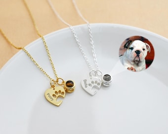 Custom Picture Projection Necklace, Heart Paw Photo Necklace with Name, Pet Name Necklace, Pet Memorial Gift, Birthday Gift for Her