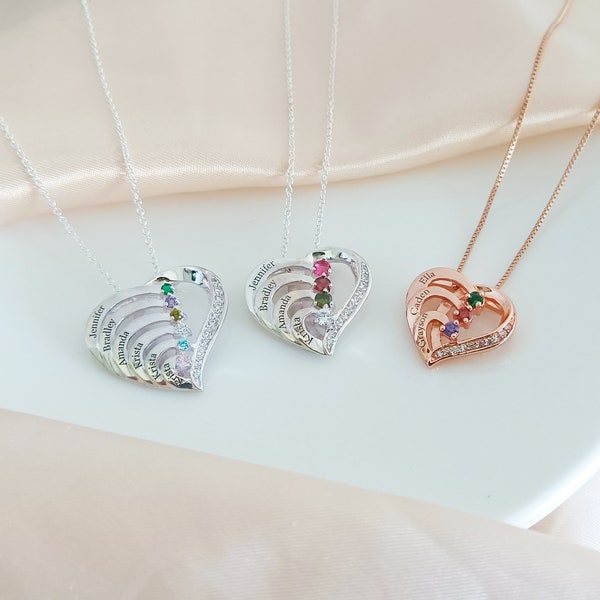 Collar con nombre y piedra de nacimiento familiar • Collar con piedra de nacimiento personalizado • Collar con nombre familiar grabado • Regalos para mamá • Regalo de cumpleaños