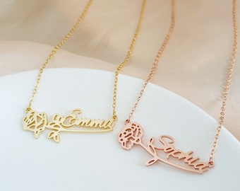 Personalized Birth Flower Name Necklace, Custom Birth Flower Necklace, Bouquet Flower Necklace, Minimalist Name Necklace, Birthday Gift