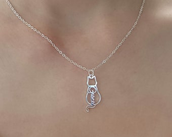 Collana di gatti con nome personalizzato, Collana personalizzata con nome di gatto, Gioielli Silhouette di gatto, Regalo commemorativo per gatti domestici, Collana con nome di animali domestici, Regalo per la perdita di gatti