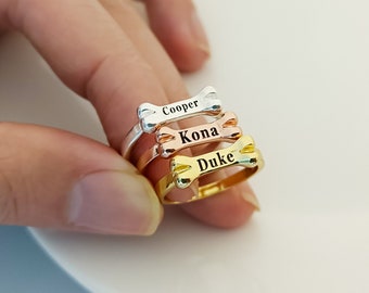 Customized Pet Name Ring, Engraved Name Ring, Personalized Dog Bone Ring, Personalized Jewelry