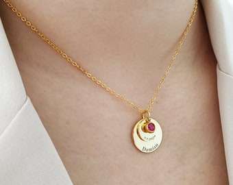 Birthstone Disc Necklace, Personalised Birthstone Name Necklace, Mama Necklace, Engraved Disc pendant, Birthday Gift