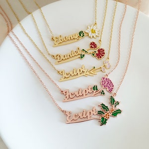 Collier de fleur de mois de naissance, collier de nom avec fleur de naissance, collier de nom floral, collier de nom personnalisé, cadeau pour elle, collier pour maman