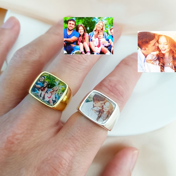 Custom Photo Ring, Personalised Ring,Personalized Signet Ring with Photo,Square Signet Ring,Photo Ring,Mother's Day Gift,Memorial Gift