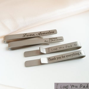 Clip per cravatta personalizzata Fermacravatta personalizzata da uomo Fermacravatta incisa Barra per cravatte per sposi Regalo per il giorno del matrimonio Regalo personalizzato per papà immagine 2