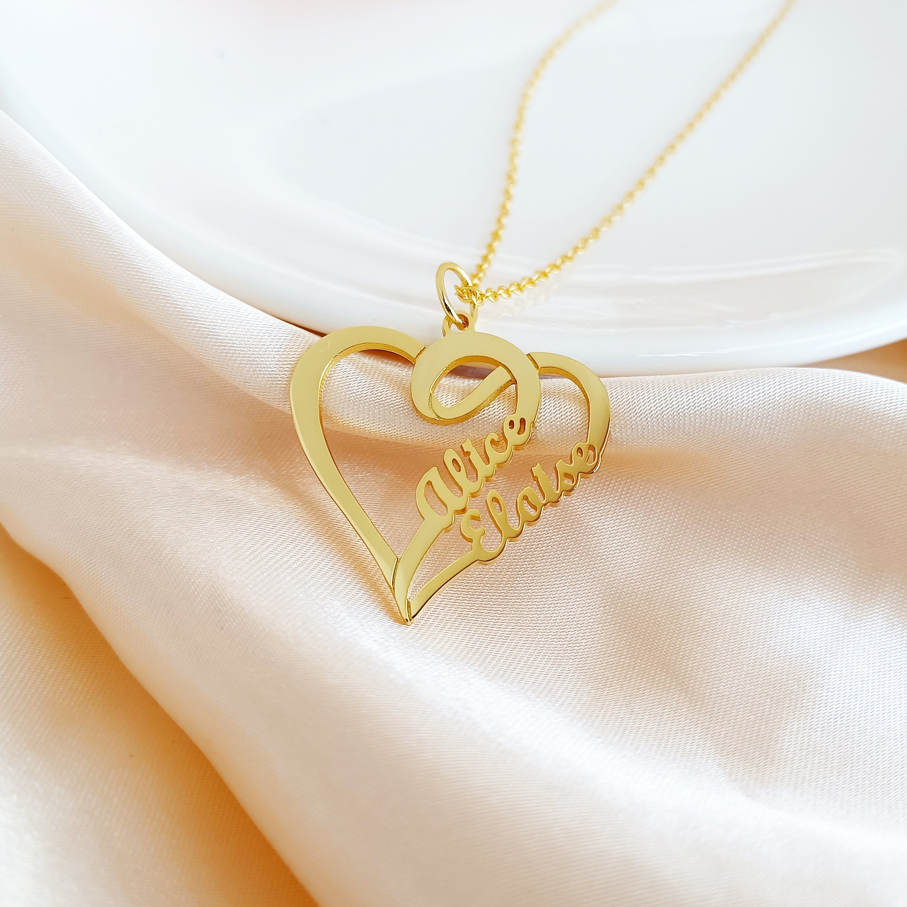 Custom Name Necklace overlapping Heart Two Name Necklace custom
