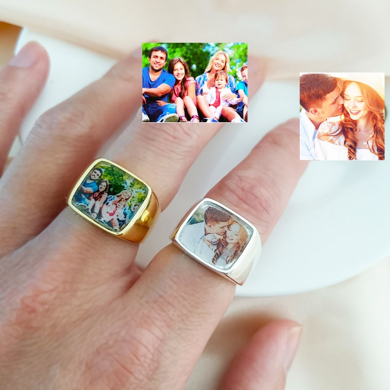 Custom Photo Ring, Personalised Ring,Personalized Signet Ring with Photo,Square Signet Ring,Photo Ring,Mother's Day Gift,Memorial Gift image 1