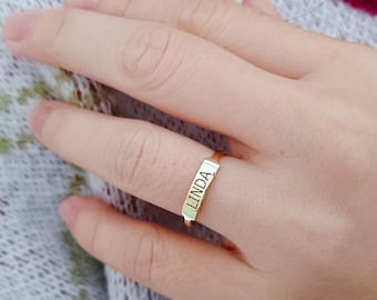 Engrave This Dainty Bar Ring With Your Name Or Date Of Your Beloved Animal In Sterling Silver, Yellow Gold, Rose Gold Or White Gold