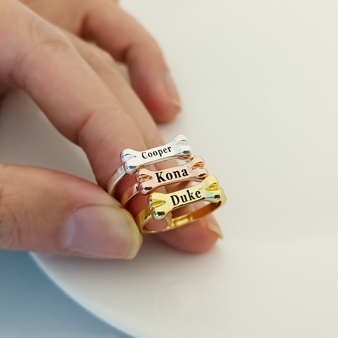 Customized Pet Name Ring, Engraved Name Ring, Personalized Dog Bone Ring, Personalized Jewelry