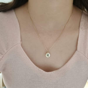 May include: A gold chain necklace with a small round pendant featuring a paw print design.