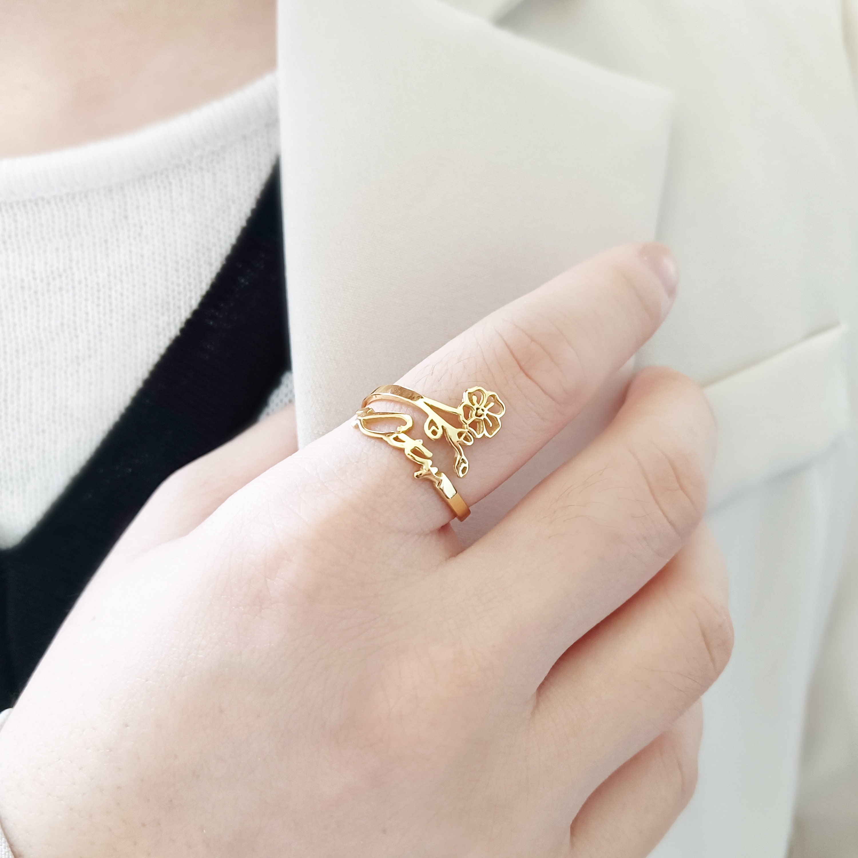Custom Birth Flower Name Ring,personalized Name Ring,adjustable Ring ...
