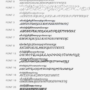 May include: A list of 13 different fonts, labelled "FONT 0" through "FONT 23", with each font displayed in both lowercase and uppercase letters.