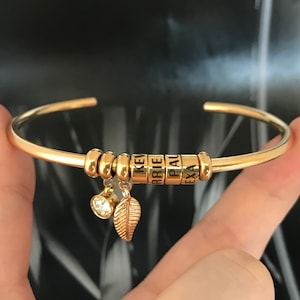 Open Bangle Bracelet with Beads,Personalized Name Bracelet,Cuff Open Bangle Beads Charm Bracelet,Gift For Her