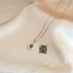May include: A gold necklace with a round pendant featuring a black paw print. The pendant is on a delicate chain.