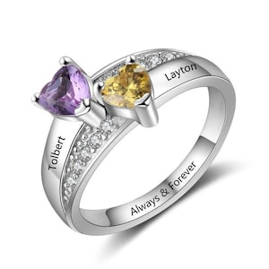 Engraved double on sale heart birthstone ring
