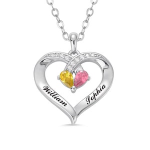 Personalisierte herzförmige Namenskette mit Birthstones, personalisierte 2 Namenskette, Paarhalskette, Geschenke für sie