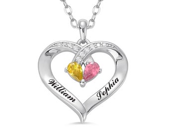 Personalized Heart shaped Name Necklace With Birthstones,Personalized 2 Name Necklace,Couple necklace,Gifts for Her