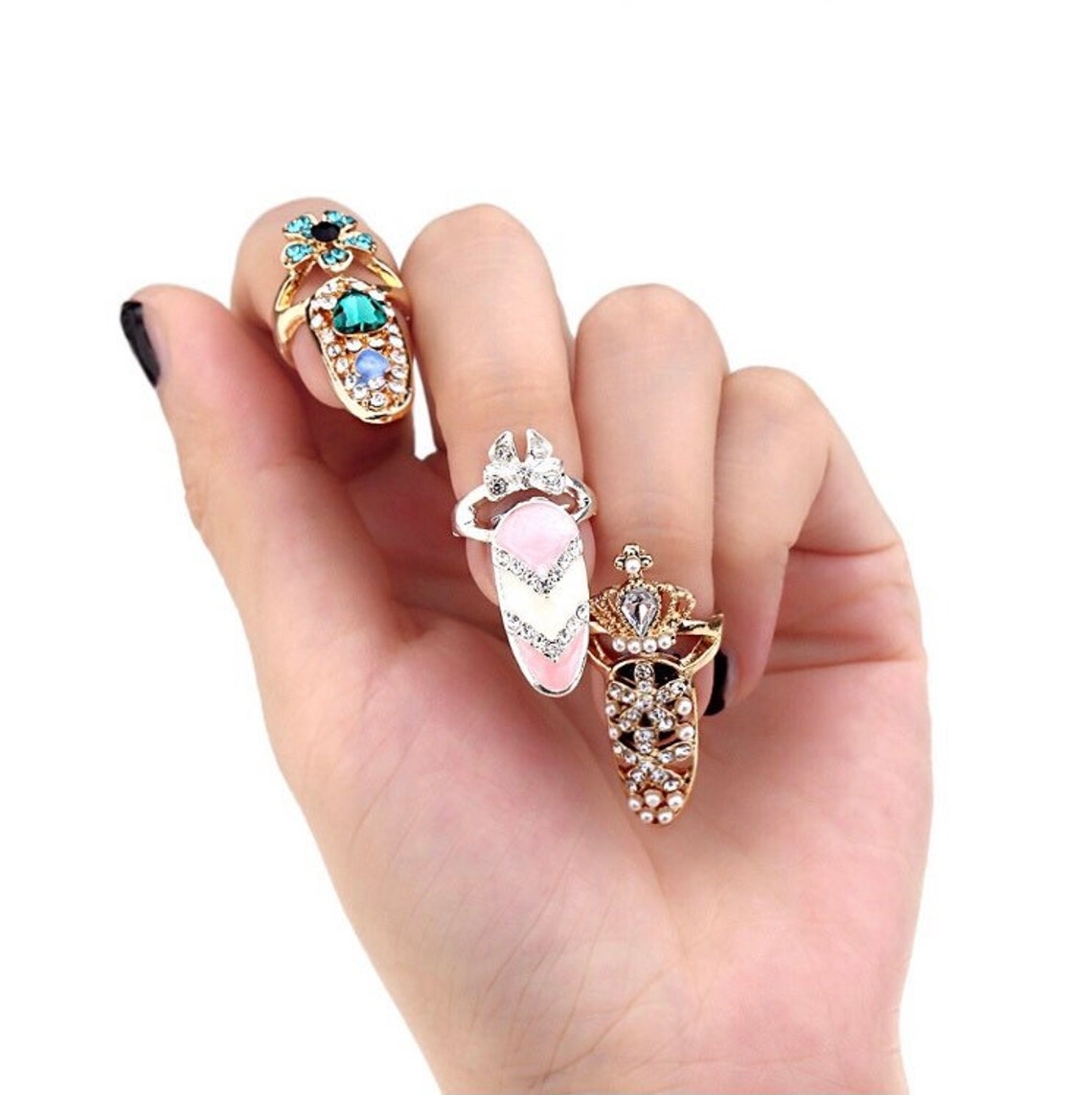 Glam Rhinestone Trendy and Unique Finger Nail Cover Ring Etsy