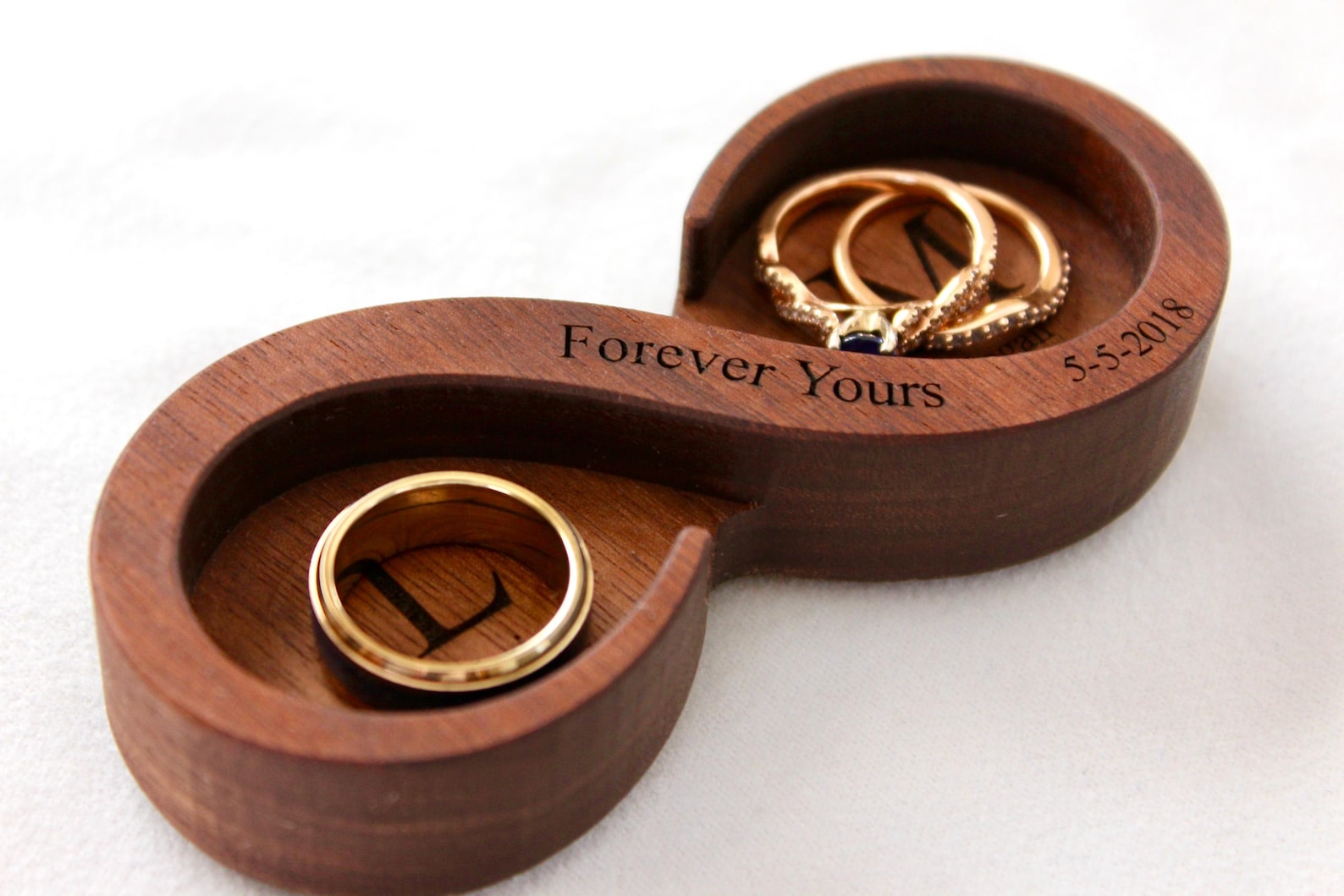 Infinity Ring Dish for Engagement- Custom Wood Ring Holder for Couples, Newlywed gifts, Engagements, Wedding, Bridal Shower, & Anniversaries - Walnut