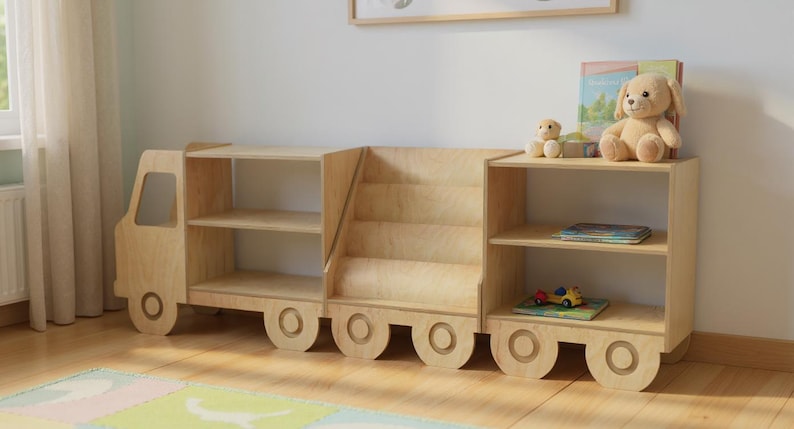 Libreria a forma di camioncino in legno per bambini, organizer per giocattoli Montessori, libreria per cameretta, scaffale per la stanza dei giochi dei più piccoli, mobili in legno per bambini. immagine 5