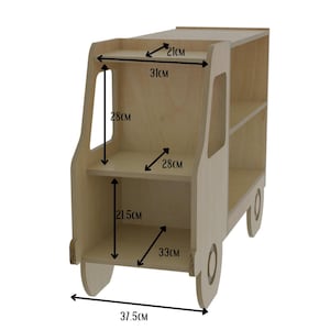 Libreria a forma di camioncino in legno per bambini, organizer per giocattoli Montessori, libreria per cameretta, scaffale per la stanza dei giochi dei più piccoli, mobili in legno per bambini. immagine 11