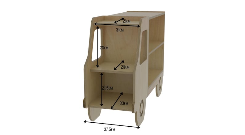 Libreria a forma di camioncino in legno per bambini, organizer per giocattoli Montessori, libreria per cameretta, scaffale per la stanza dei giochi dei più piccoli, mobili in legno per bambini. immagine 11