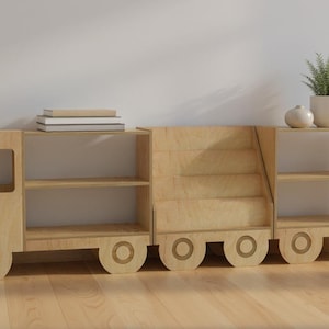 Libreria a forma di camioncino in legno per bambini, organizer per giocattoli Montessori, libreria per cameretta, scaffale per la stanza dei giochi dei più piccoli, mobili in legno per bambini. immagine 13